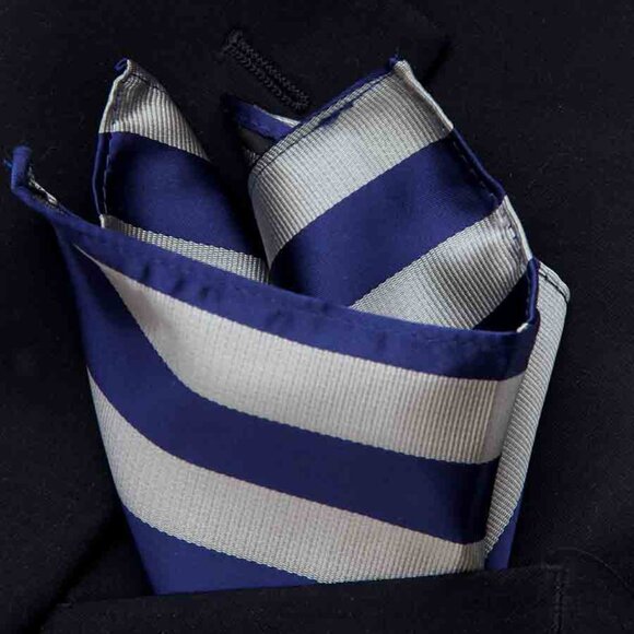 Gascoigne Cabana Stripe Pocket Square Navy Blue Gray Men's - Picture 2 of 2